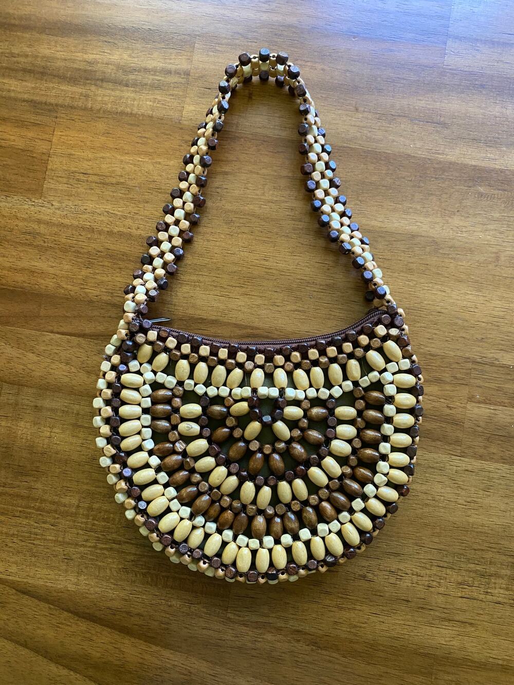 Vintage Wooden Beaded Crescent Shaped Bag Natural 90s Y2K EUC Small Purse Boho